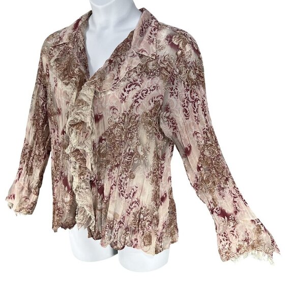Vintage Notations Womens XL Sheer Chiffon Ruffled Crinkle Boho Button Up Blouse - Picture 1 of 15